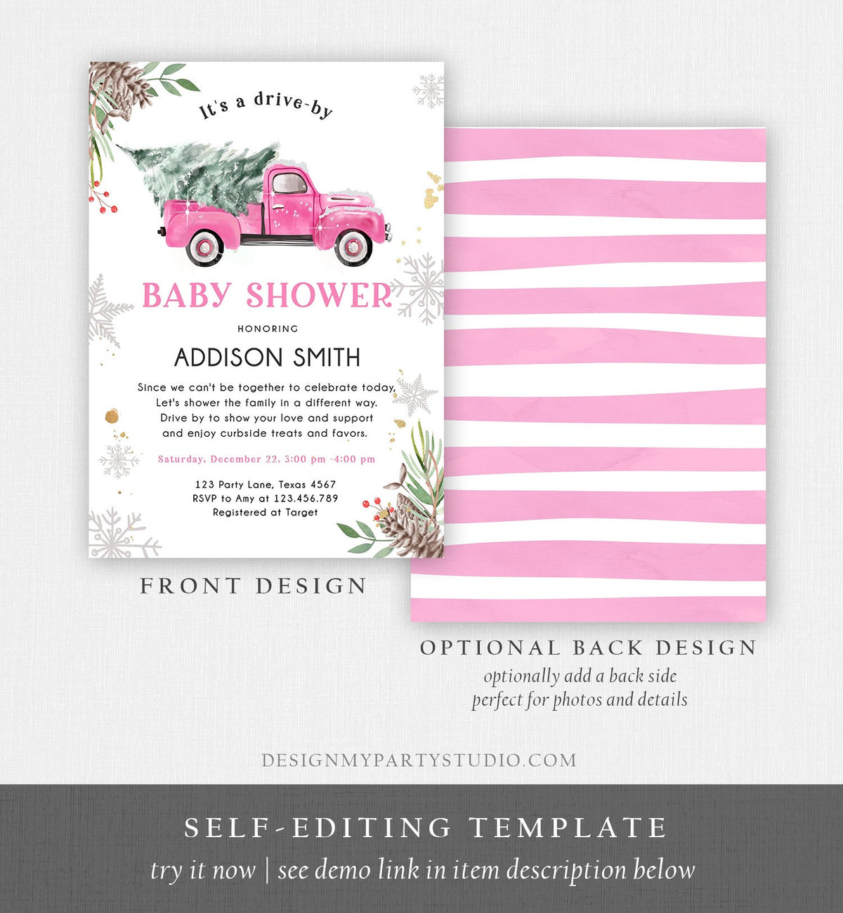 Editable Winter Drive By Baby Shower Invitation Pink Truck Girl Baby Shower Invite Drive Through Tree Printable Template Download Corjl 0356