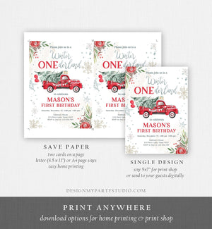 Editable Winter Onederland Winter First Birthday Invitation 1st Winter Red Boy Silver Floral Truck Christmas Printable Template DIY 0356
