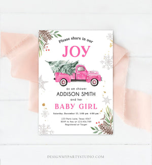 Editable Pink Truck Baby Shower Invitation Winter Baby Shower Baby Girl Christmas Tree Watercolor December Template Download Corjl 0356