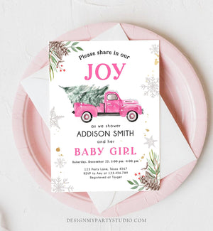 Editable Pink Truck Baby Shower Invitation Winter Baby Shower Baby Girl Christmas Tree Watercolor December Template Download Corjl 0356