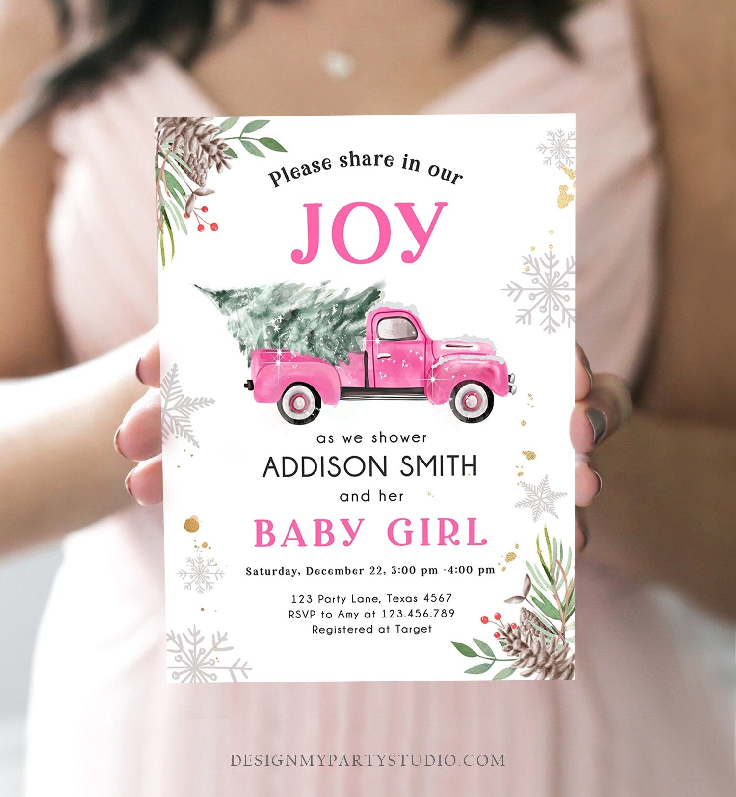 Editable Pink Truck Baby Shower Invitation Winter Baby Shower Baby Girl Christmas Tree Watercolor December Template Download Corjl 0356