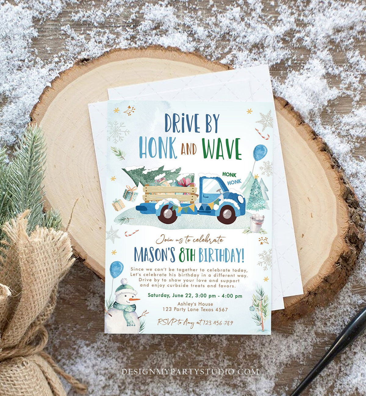 Editable Winter Drive By Birthday Invitation Parade Winter Onederland Virtual Party Invite Boy Blue Truck Quarantine Download Corjl 0278