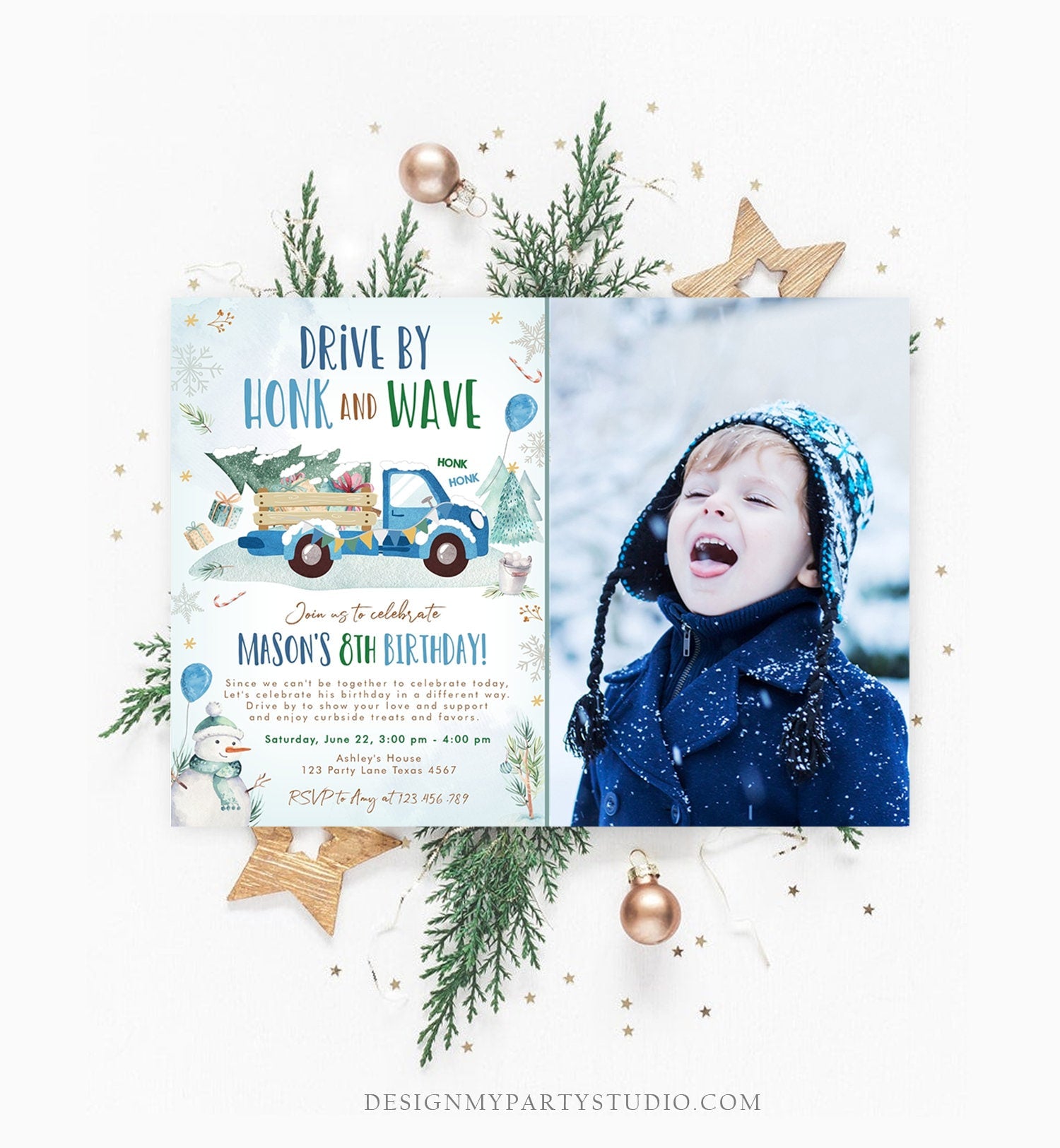 Editable Winter Drive By Birthday Invitation Parade Winter Onederland Virtual Party Invite Boy Blue Truck Quarantine Download Corjl 0278