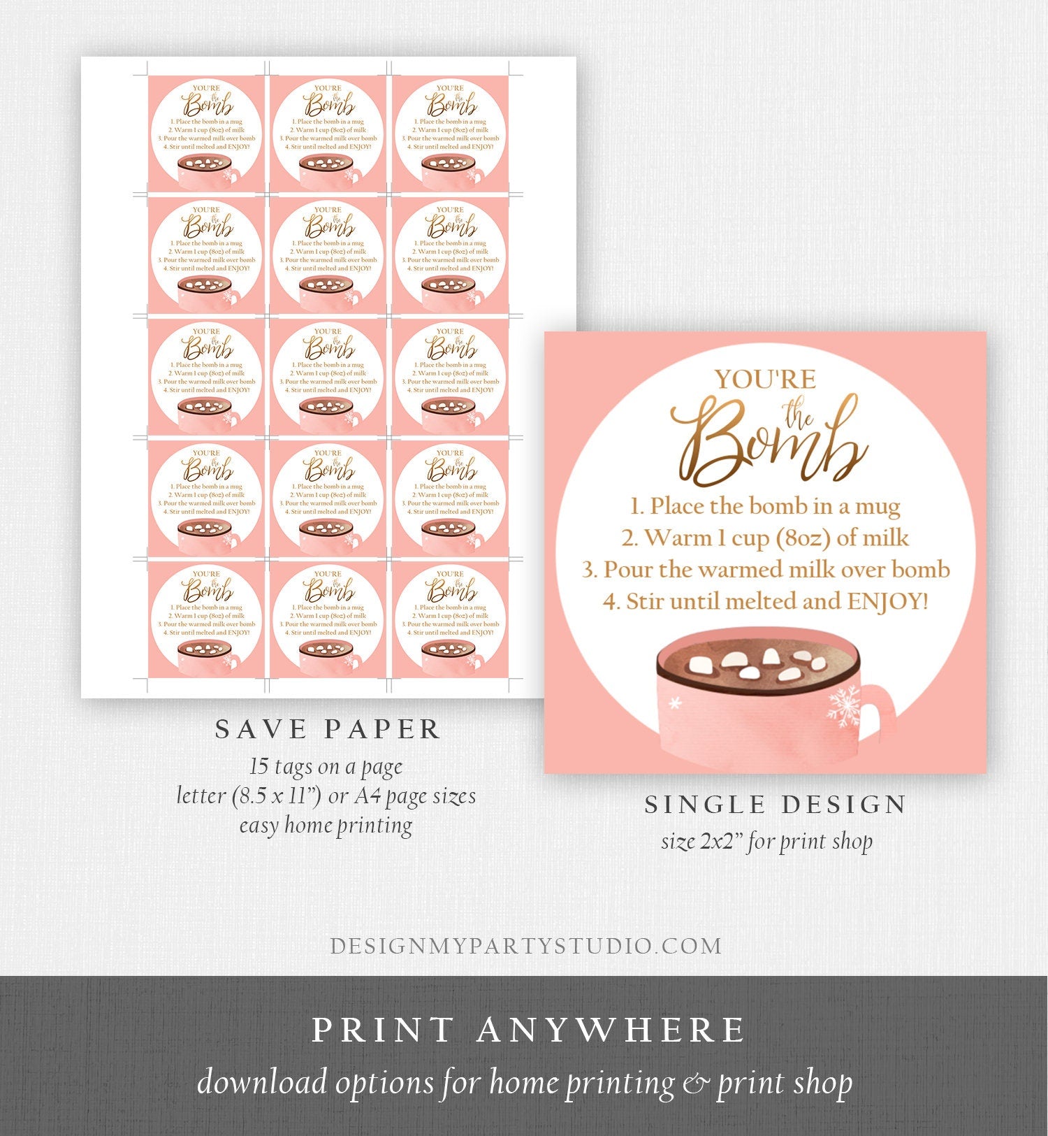 Editable Hot Chocolate Bomb Tags Bomb Instructions Cookies and Cocoa Favor Tags Winter Christmas You're The Bomb Digital PRINTABLE 0353