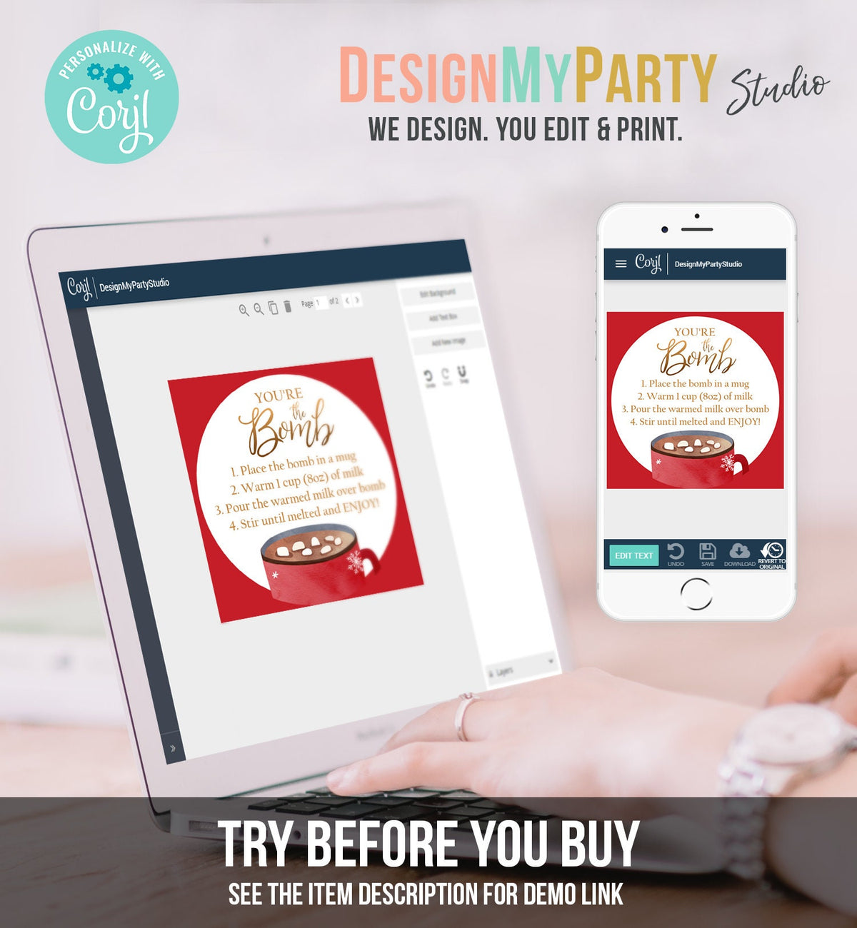 Editable Hot Chocolate Bomb Tags Bomb Instructions Cookies and Cocoa Favor Tags Winter Christmas You&#39;re The Bomb Digital PRINTABLE 0353