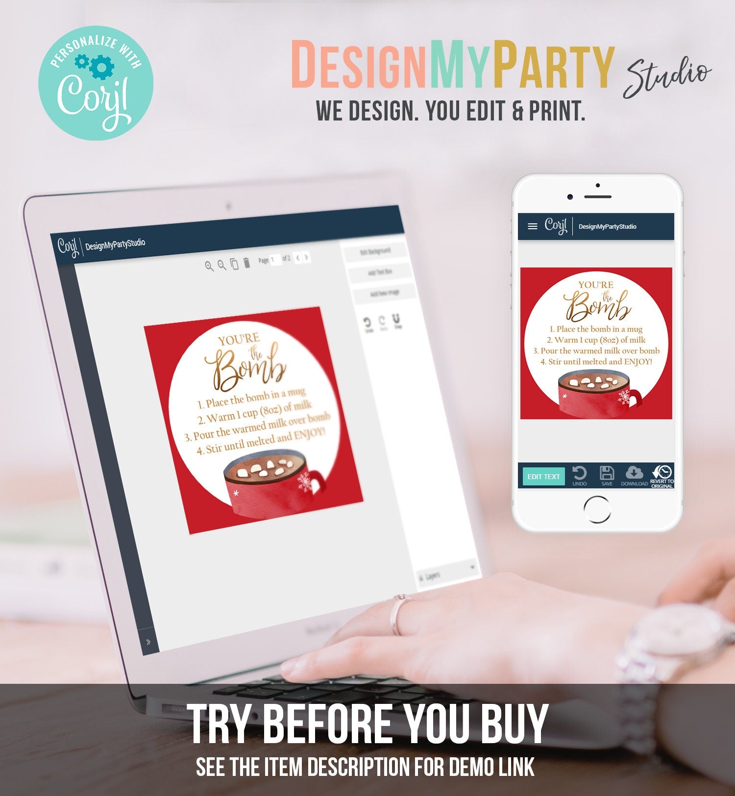 Editable Hot Chocolate Bomb Tags Bomb Instructions Cookies and Cocoa Favor Tags Winter Christmas You're The Bomb Digital PRINTABLE 0353