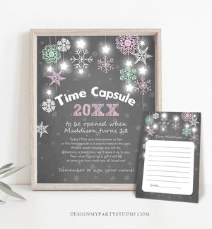 Editable Winter Onederland Time Capsule First Birthday Party Game Wonderland Girl Pink Snow Guestbook Download Corjl Template Printable 0057