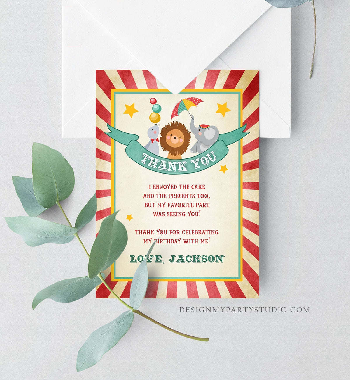 Editable Circus Carnival Thank You Card Vintage Festival Circus Big Fair Red Boy Girl Instant Download Printable Template Corjl Digital 0013