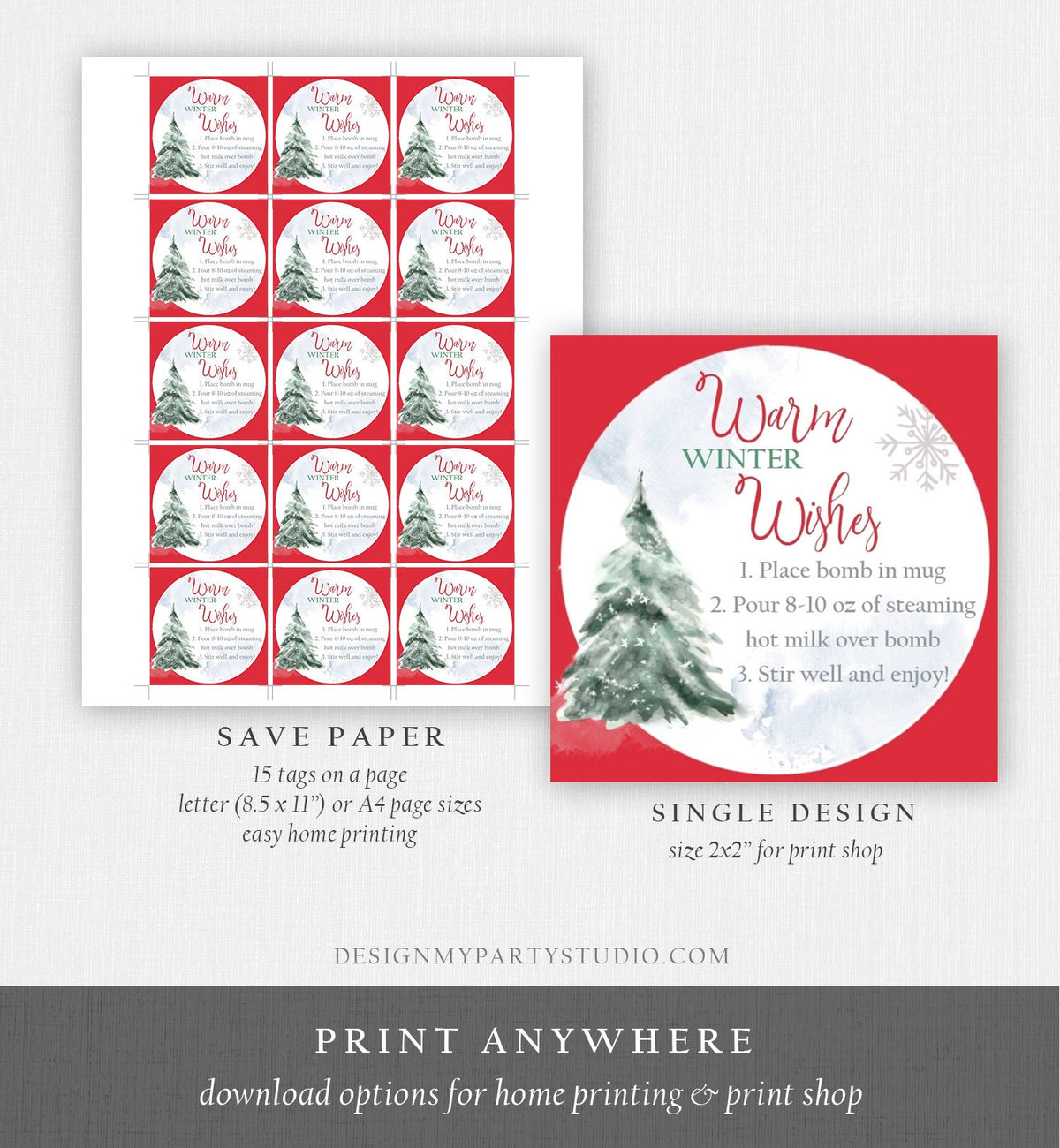 Editable Hot Chocolate Bomb Tags Bomb Instructions Hot Cocoa Tags Bomb Label Tree Winter Christmas Warm Winter Wishes Digital PRINTABLE 0363