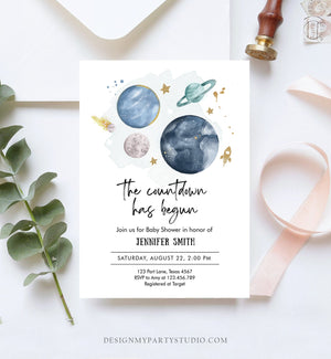 Editable Space Baby Shower Invitation Galaxy Outer Space It's a Boy Blue Planets Moon Countdown Invite Template Instant Download Corjl 0357