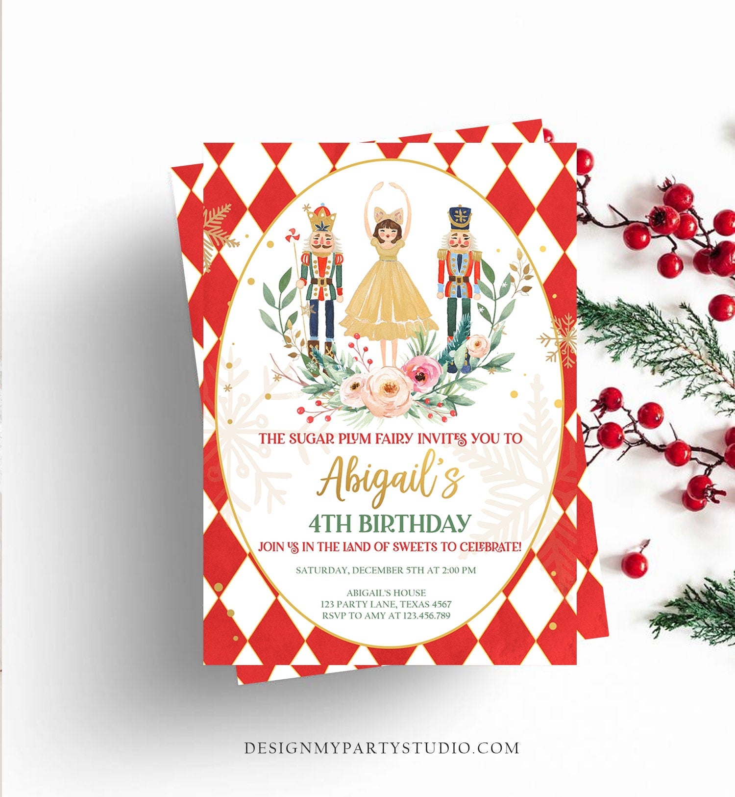 Editable Nutcracker Birthday Invitation Sugar Plum Fairy Holiday Party Christmas Ballet Nutcracker Download Printable Template Corjl 0352