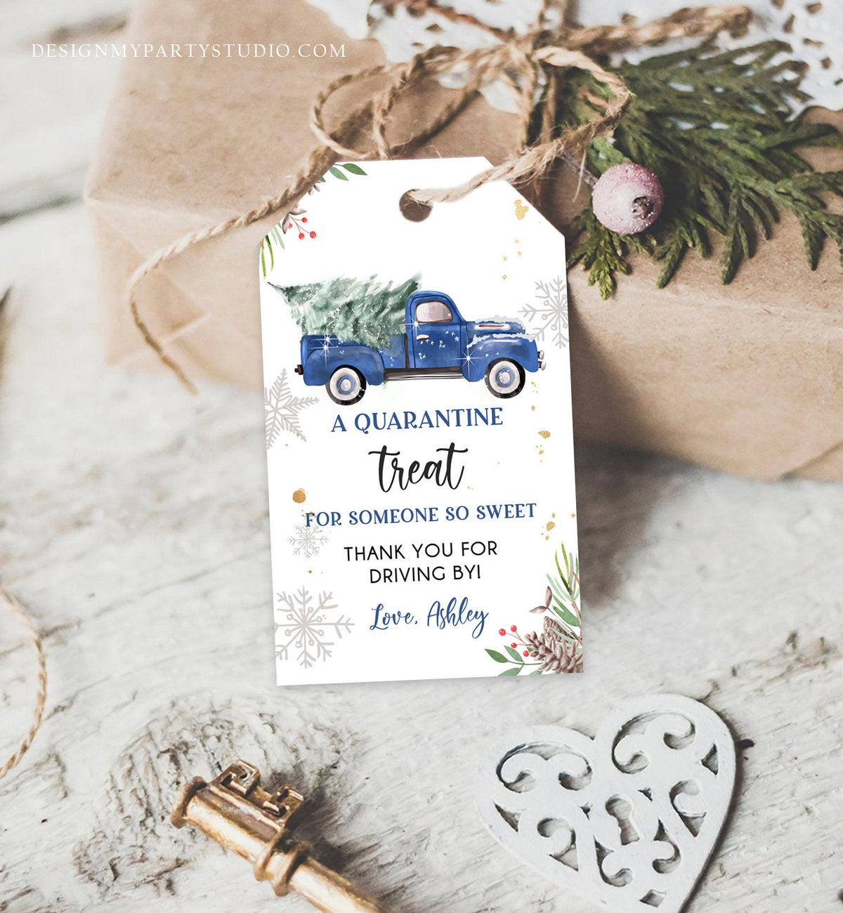 Editable Drive By Favor Tag Drive Through Baby Shower Bridal Birthday Thank You Gift Quarantine Blue Boy Truck Winter Christmas Corjl 0356
