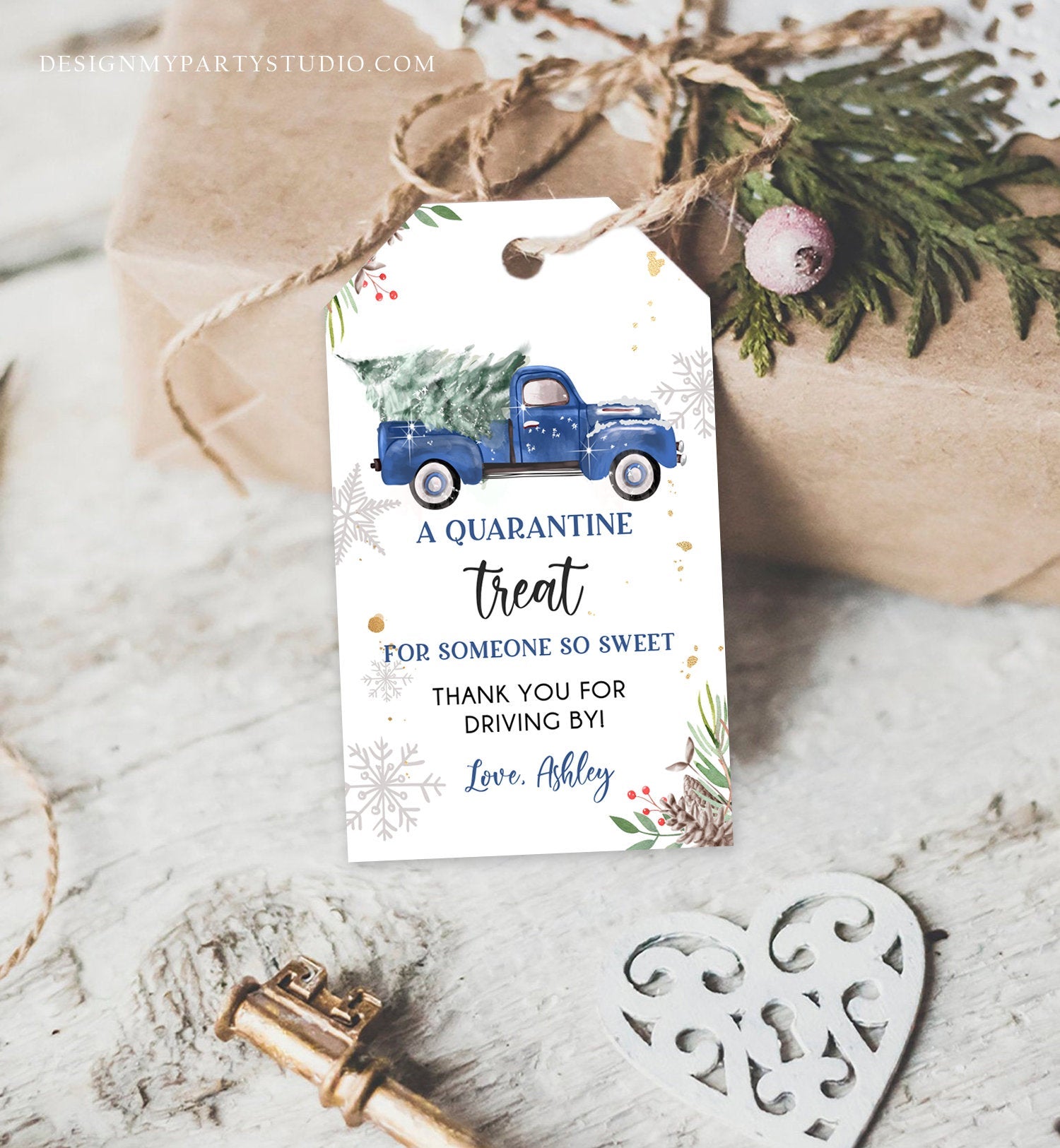 Editable Drive By Favor Tag Drive Through Baby Shower Bridal Birthday Thank You Gift Quarantine Blue Boy Truck Winter Christmas Corjl 0356