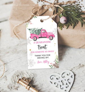 Editable Drive By Favor Tag Drive Through Baby Shower Bridal Birthday Thank You Gift Quarantine Pink Girl Truck Winter Christmas Corjl 0356