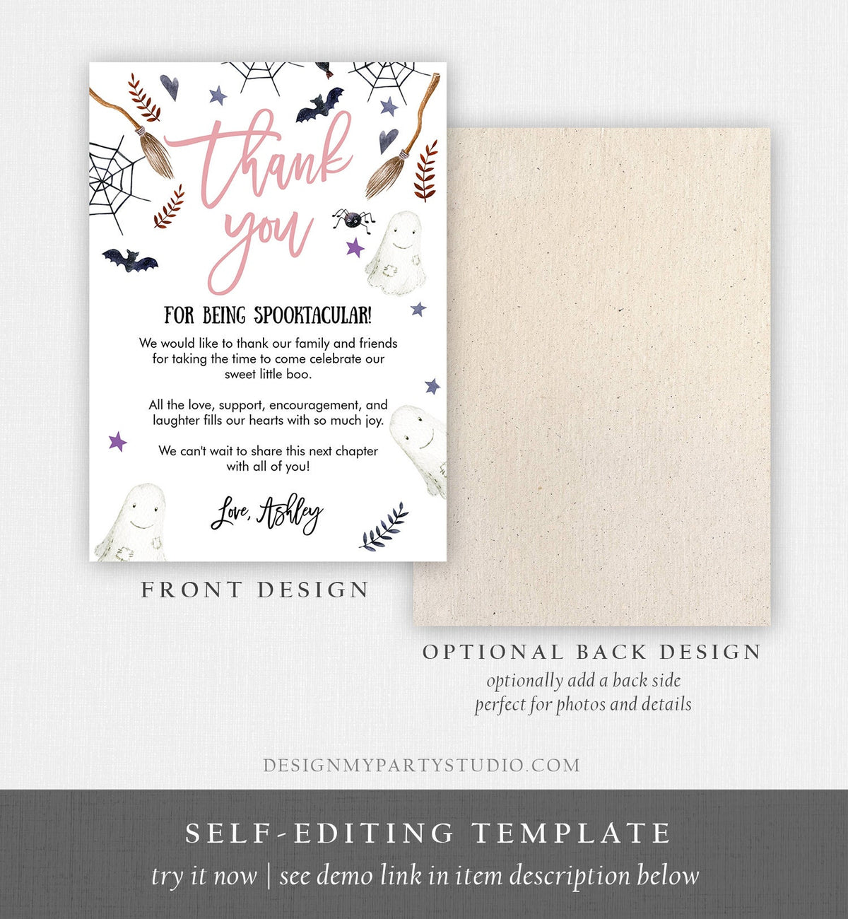 Editable Peek A Boo Baby Shower Thank You Card Halloween Birthday Thank You Blush Pink Girl Spooktacular Printable Template Corjl 0199