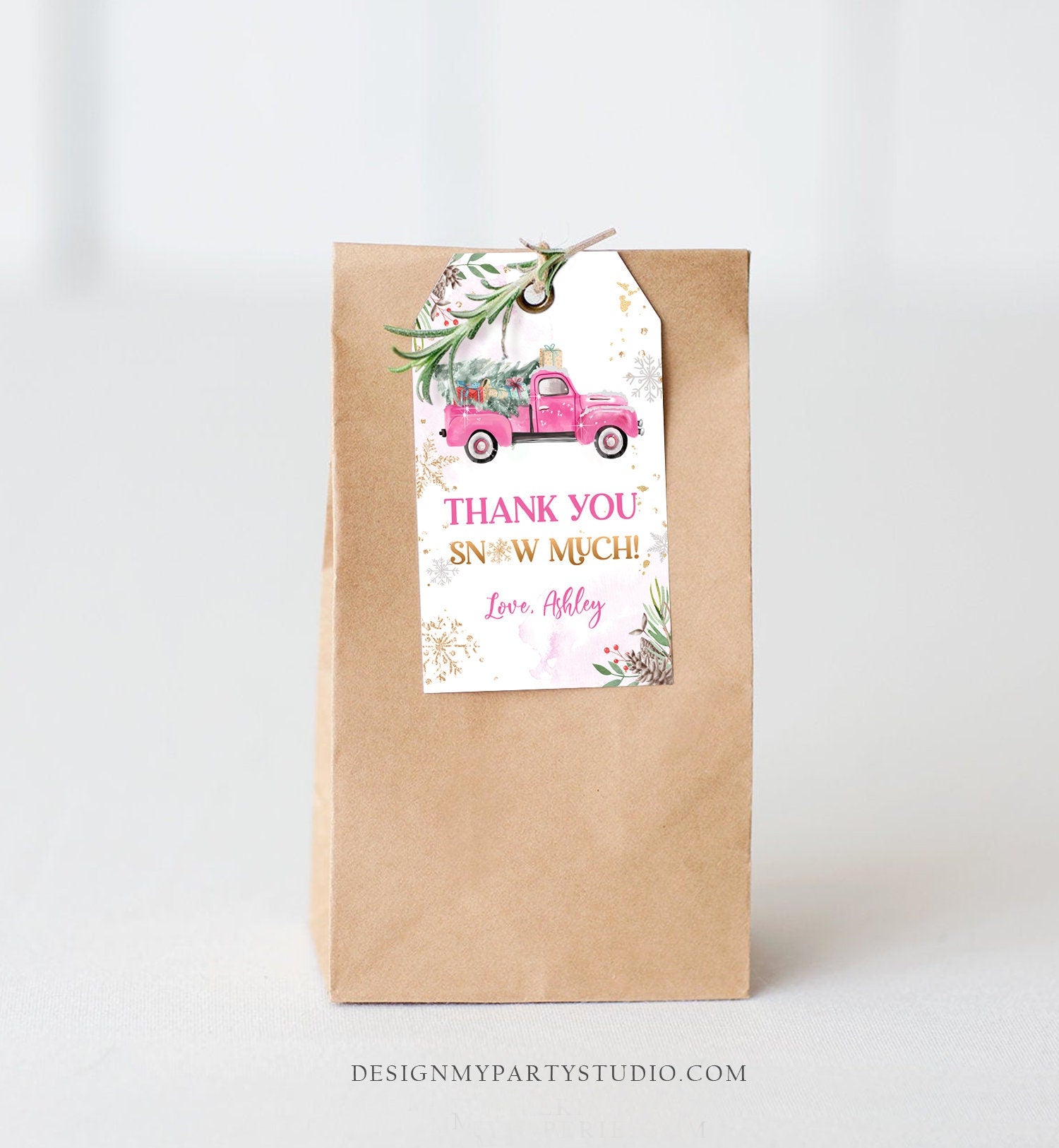 Editable Pink Truck Winter Favor Tag Holiday Christmas Thank You Snow Much Baby Shower Bridal Shower Birthday Gift Tag Corjl Printable 0356