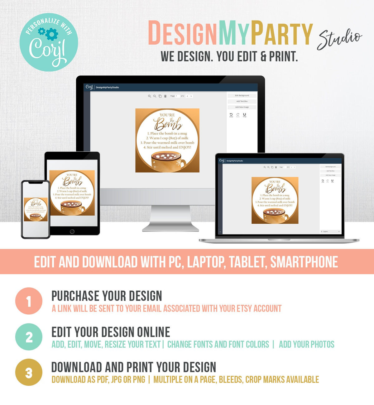 Editable Hot Chocolate Bomb Tags Bomb Instructions Cookies and Cocoa Favor Tags Winter Christmas You&#39;re The Bomb Gold Digital PRINTABLE 0353