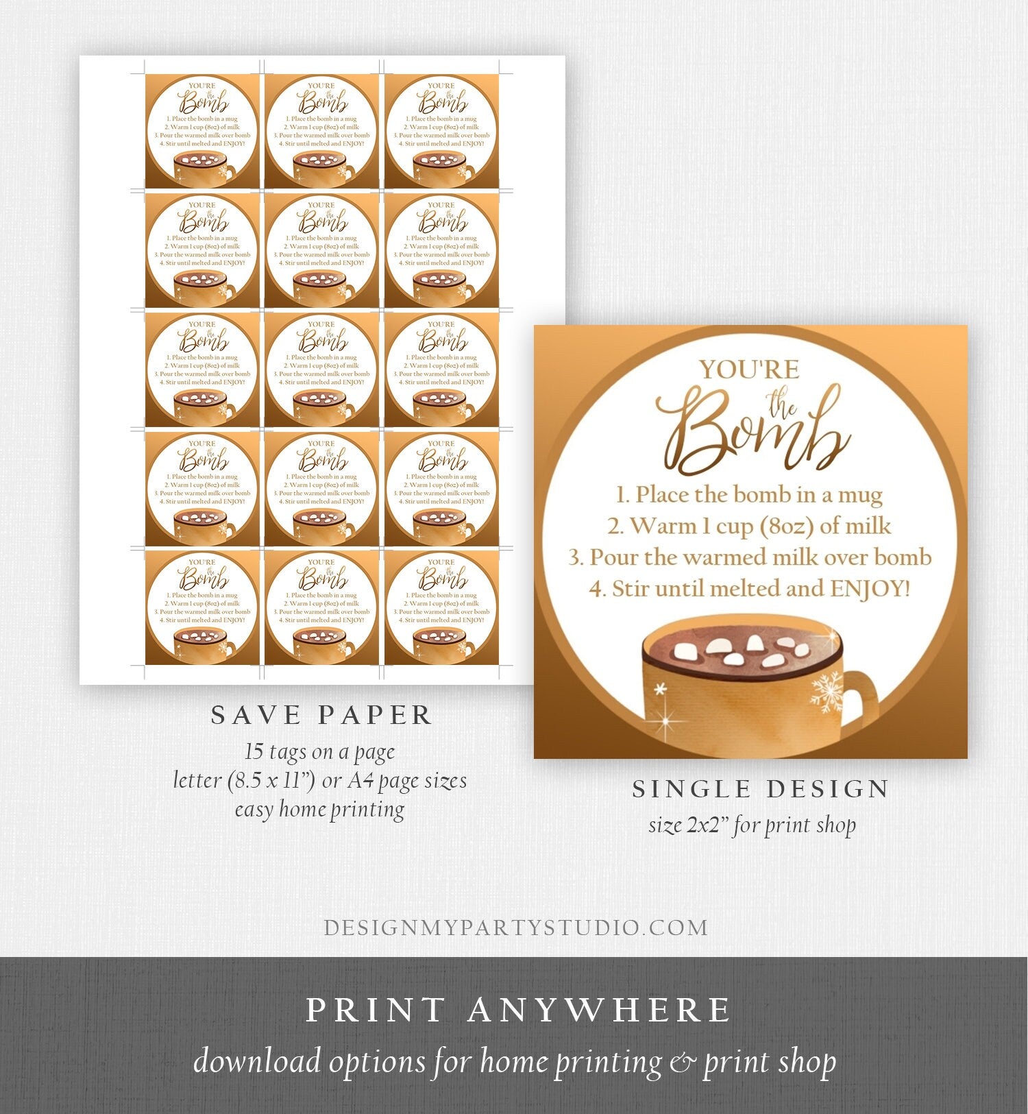 Editable Hot Chocolate Bomb Tags Bomb Instructions Cookies and Cocoa Favor Tags Winter Christmas You're The Bomb Gold Digital PRINTABLE 0353
