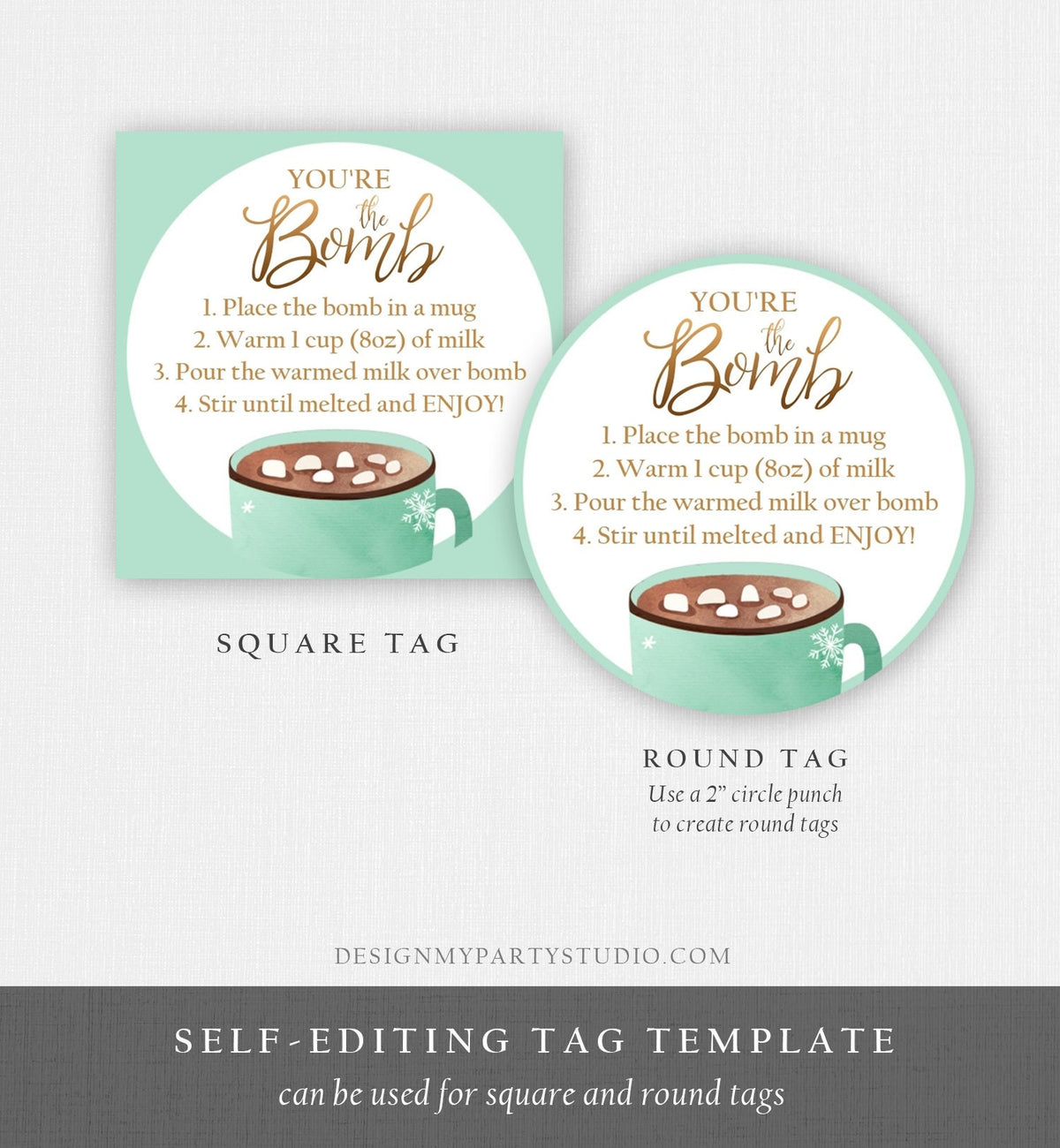 Editable Hot Chocolate Bomb Tags Bomb Instructions Cookies and Cocoa Favor Tag Winter Christmas You&#39;re The Bomb Green Digital PRINTABLE 0353