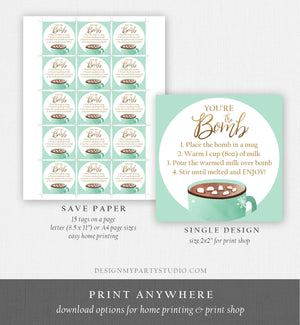 Editable Hot Chocolate Bomb Tags Bomb Instructions Cookies and Cocoa Favor Tag Winter Christmas You're The Bomb Green Digital PRINTABLE 0353