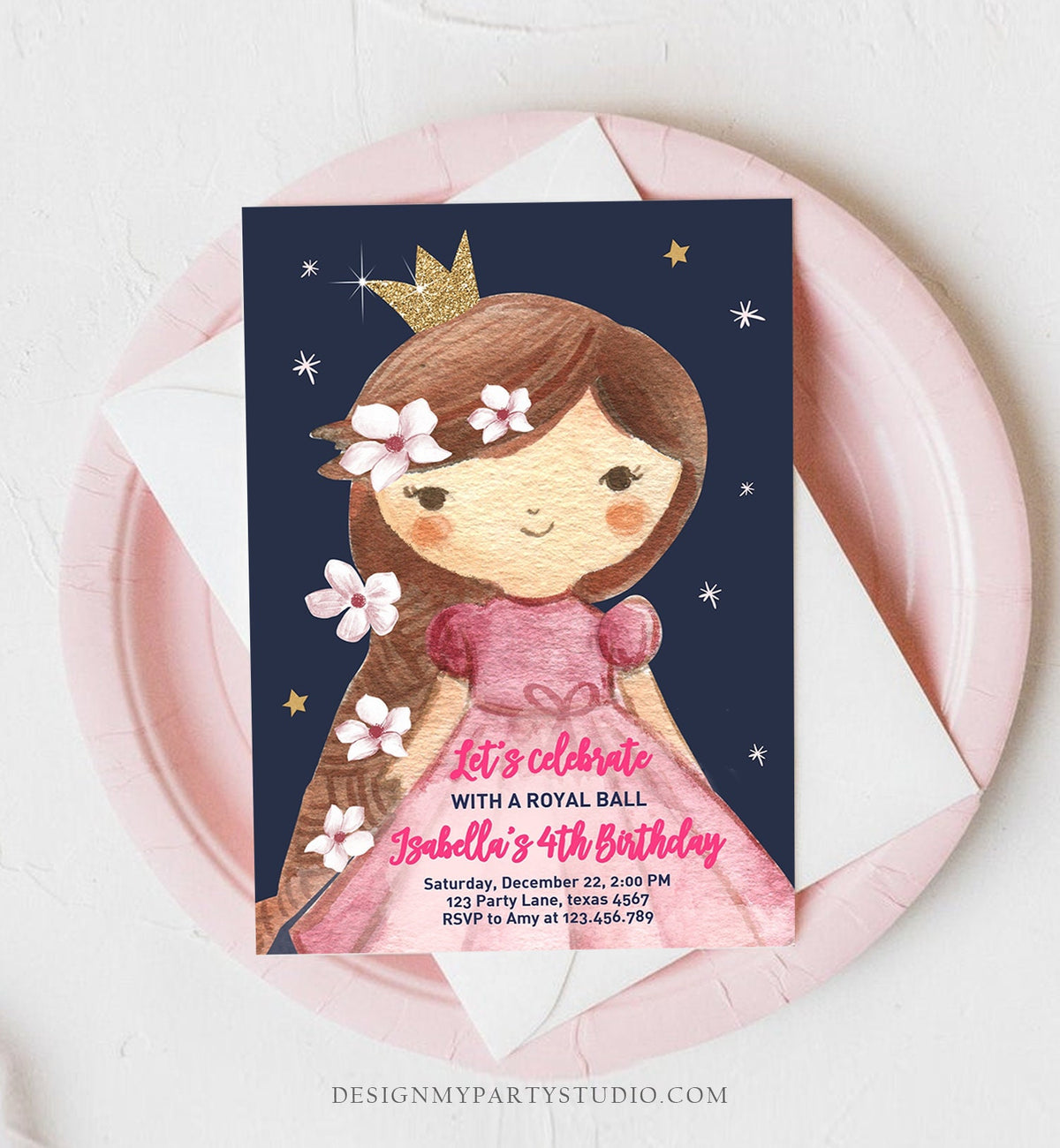 Editable Princess Birthday Invitation Girl Pink Gold Royal Ball Royal Birthday First ANY AGE Crown Download Corjl Template Printable 0171