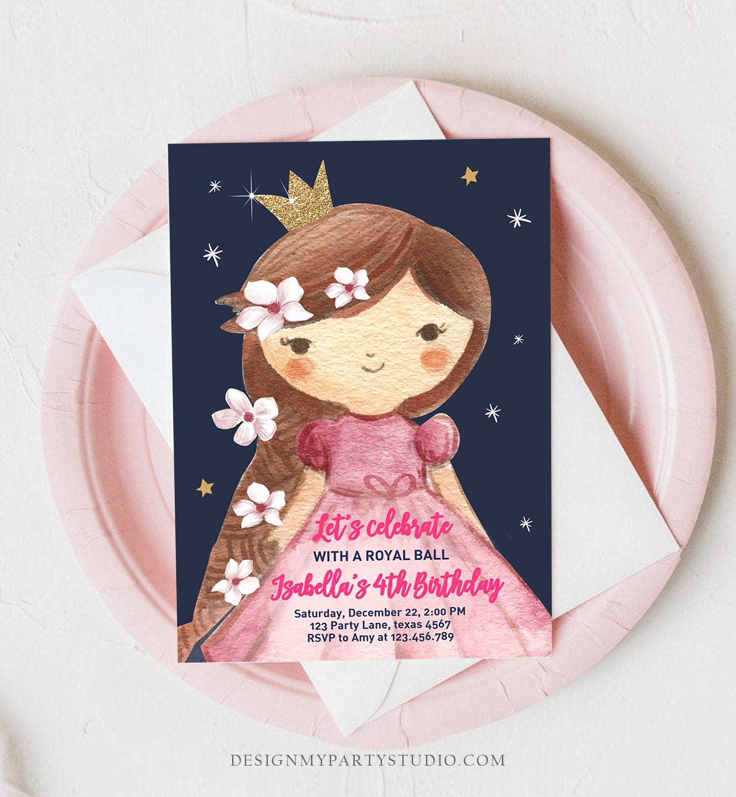 Editable Princess Birthday Invitation Girl Pink Gold Royal Ball Royal Birthday First ANY AGE Crown Download Corjl Template Printable 0171