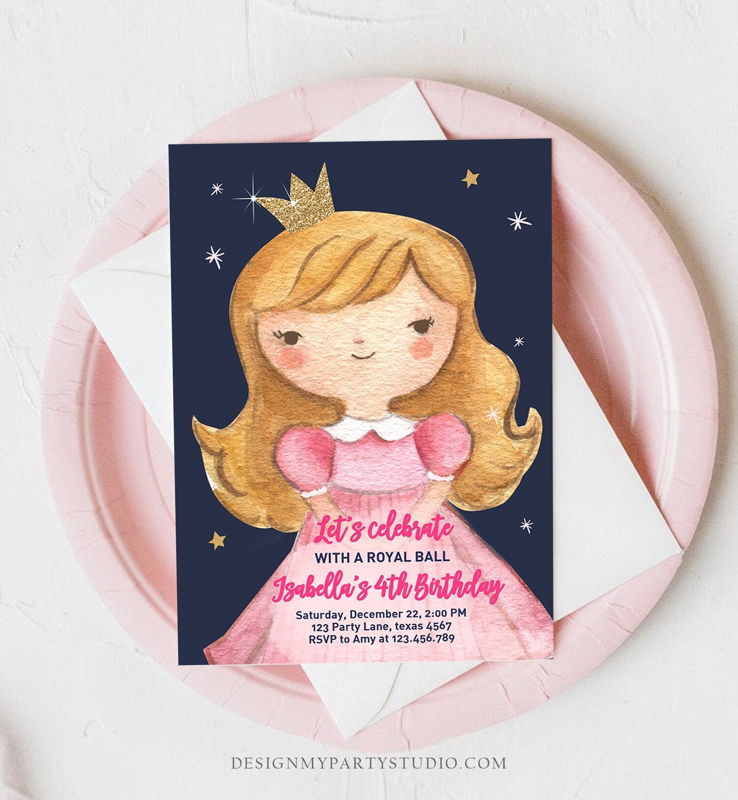 Editable Princess Birthday Invitation Girl Pink Gold Royal Ball Royal Birthday First ANY AGE Crown Download Corjl Template Printable 0171