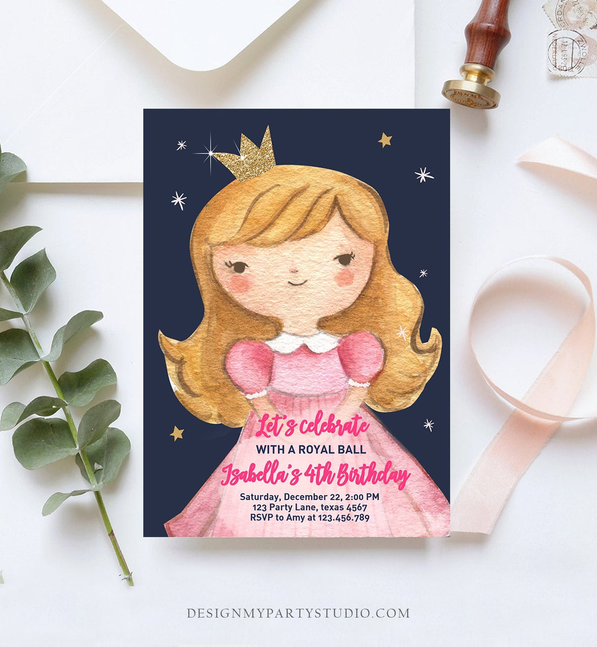Editable Princess Birthday Invitation Girl Pink Gold Royal Ball Royal Birthday First ANY AGE Crown Download Corjl Template Printable 0171