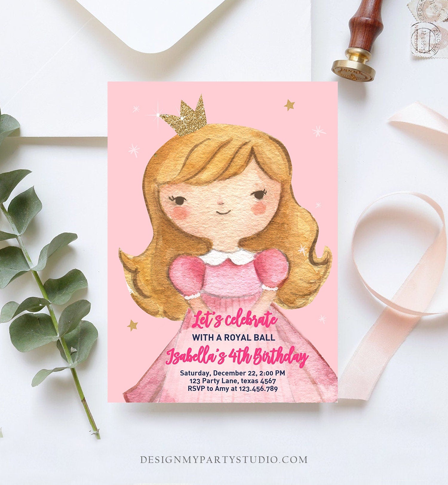 Editable Princess Birthday Invitation Girl Pink Gold Royal Ball Royal Birthday First ANY AGE Crown Download Corjl Template Printable 0171