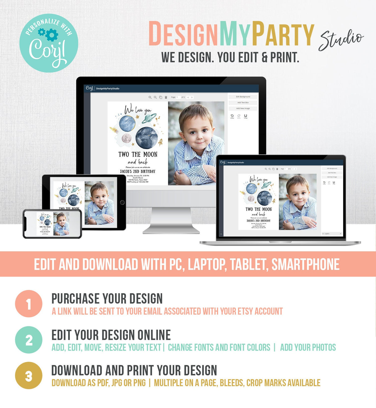 Editable Two the Moon 2nd Birthday Invitation Space Astronaut Love you to the Moon Galaxy Download Printable Template Digital Corjl 0357