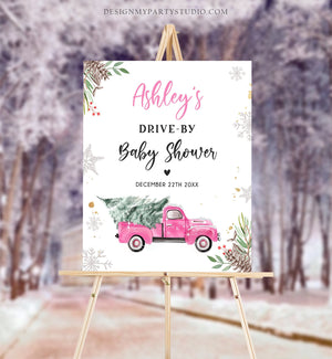 Editable Drive By Baby Shower Welcome Sign Christmas Tree Pink Truck Winter Yard Snow Snowflakes Watercolor Corjl Template PRINTABLE 0356