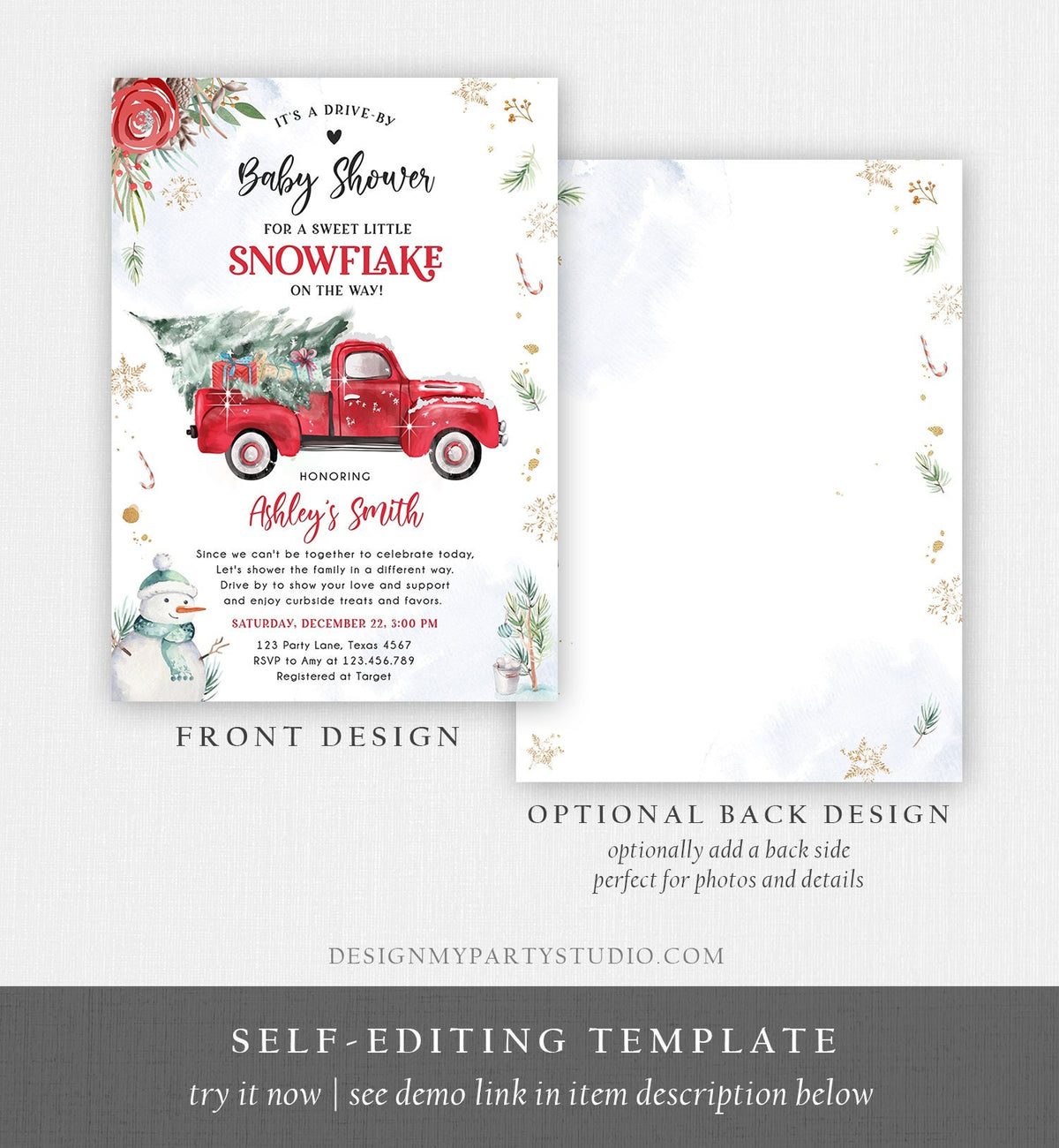 Editable Winter Drive By Baby Shower Invitation Red Truck Little Snowflake Gender Neutral Drive Through Tree Template Download Corjl 0356