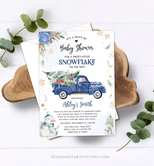 Editable Winter Drive By Baby Shower Invitation Blue Truck Little Snowflake Baby Boy Drive Through Tree Template Download Corjl 0356