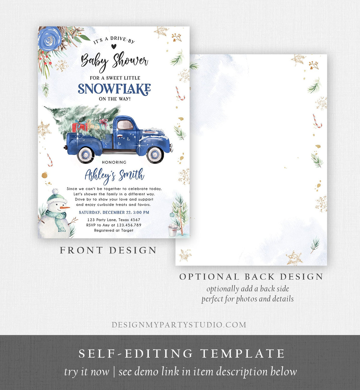 Editable Winter Drive By Baby Shower Invitation Blue Truck Little Snowflake Baby Boy Drive Through Tree Template Download Corjl 0356