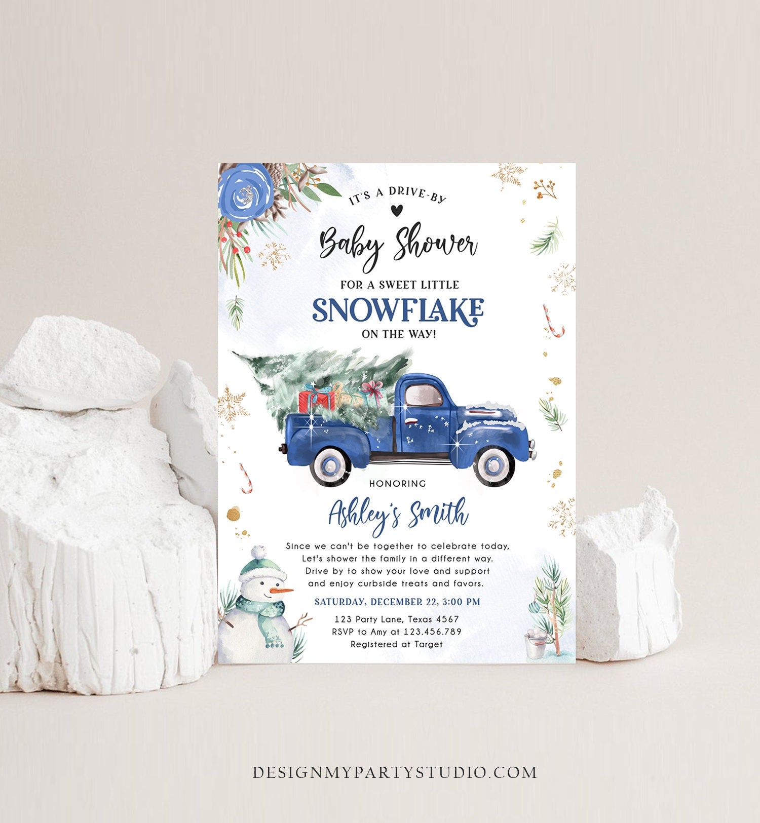 Editable Winter Drive By Baby Shower Invitation Blue Truck Little Snowflake Baby Boy Drive Through Tree Template Download Corjl 0356