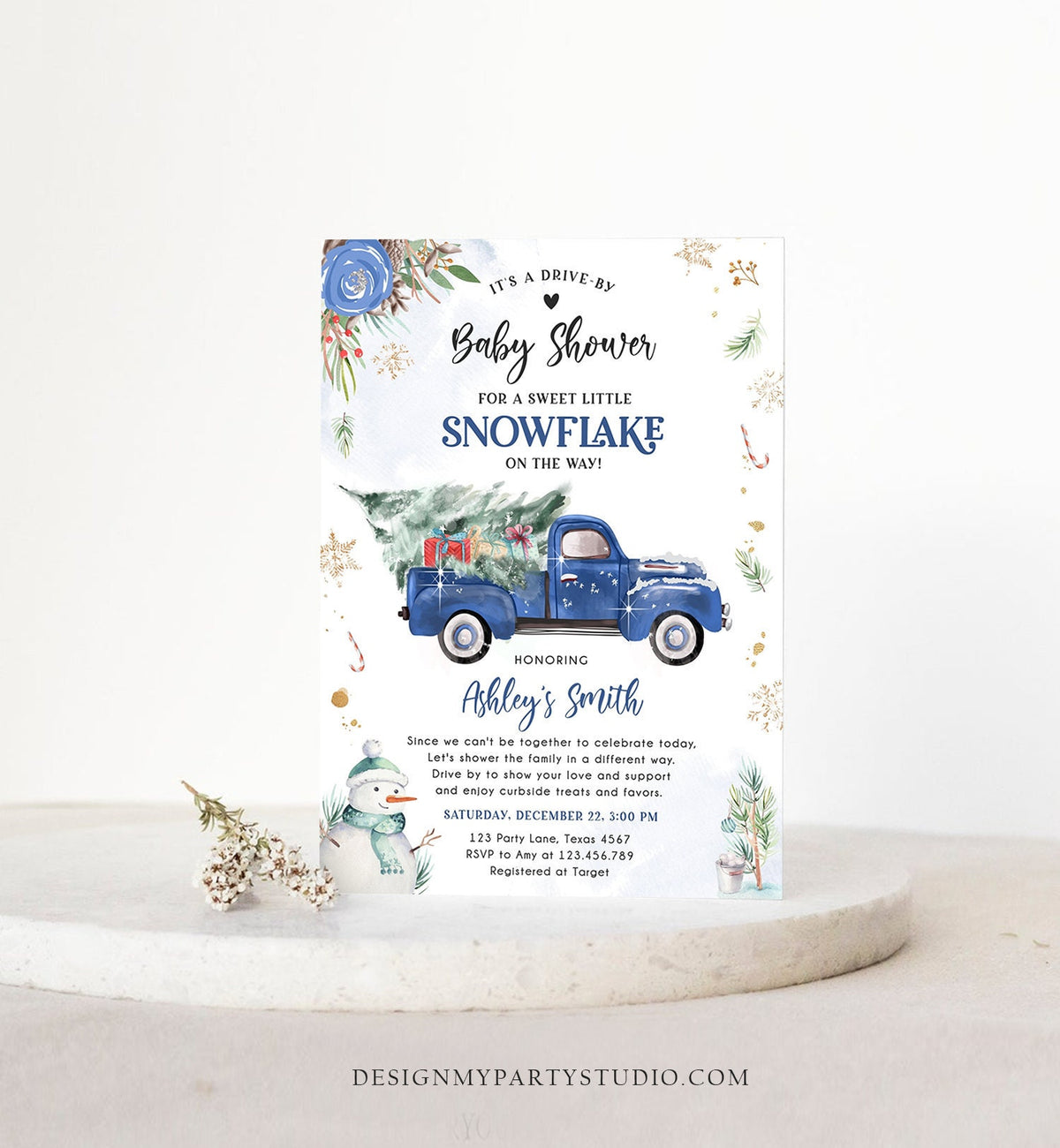 Editable Winter Drive By Baby Shower Invitation Blue Truck Little Snowflake Baby Boy Drive Through Tree Template Download Corjl 0356