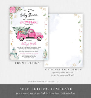 Editable Winter Drive By Baby Shower Invitation Pink Truck Little Snowflake Baby Girl Drive Through Tree Template Download Corjl 0356