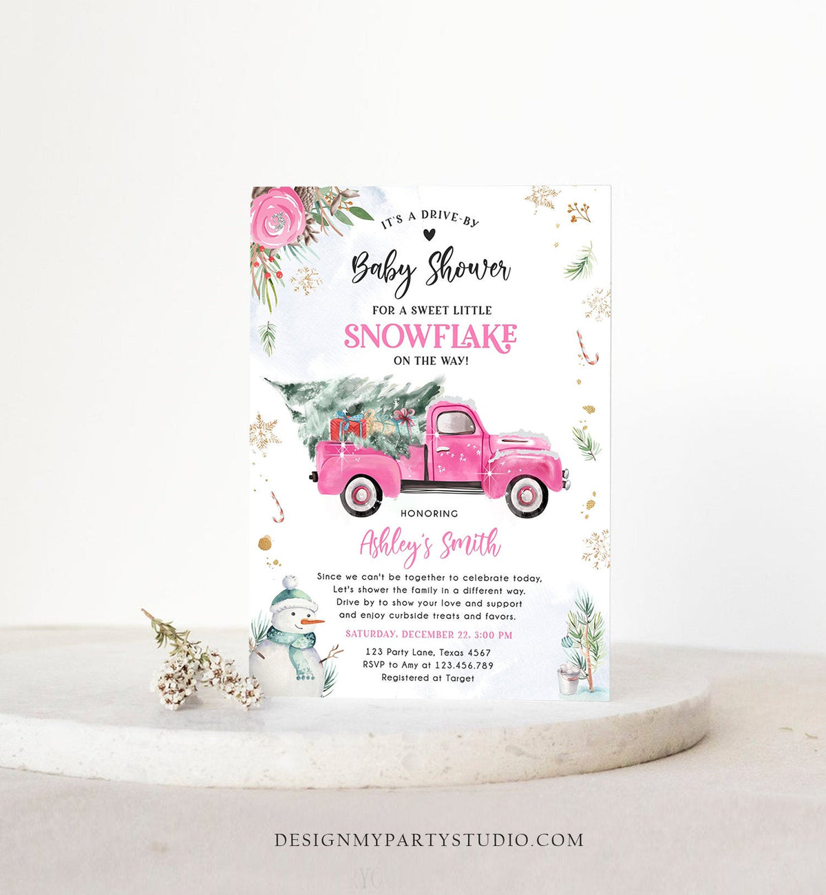 Editable Winter Drive By Baby Shower Invitation Pink Truck Little Snowflake Baby Girl Drive Through Tree Template Download Corjl 0356