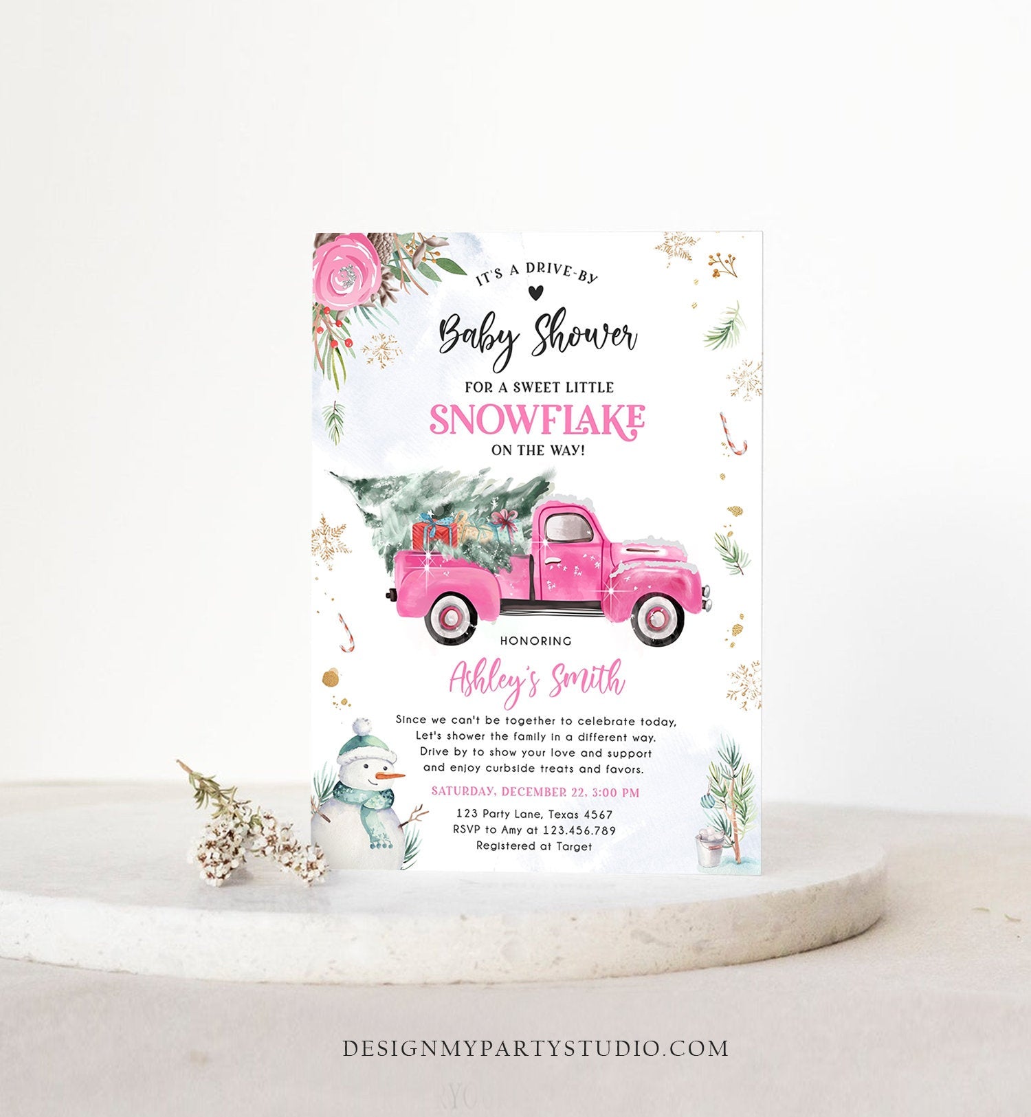 Editable Winter Drive By Baby Shower Invitation Pink Truck Little Snowflake Baby Girl Drive Through Tree Template Download Corjl 0356