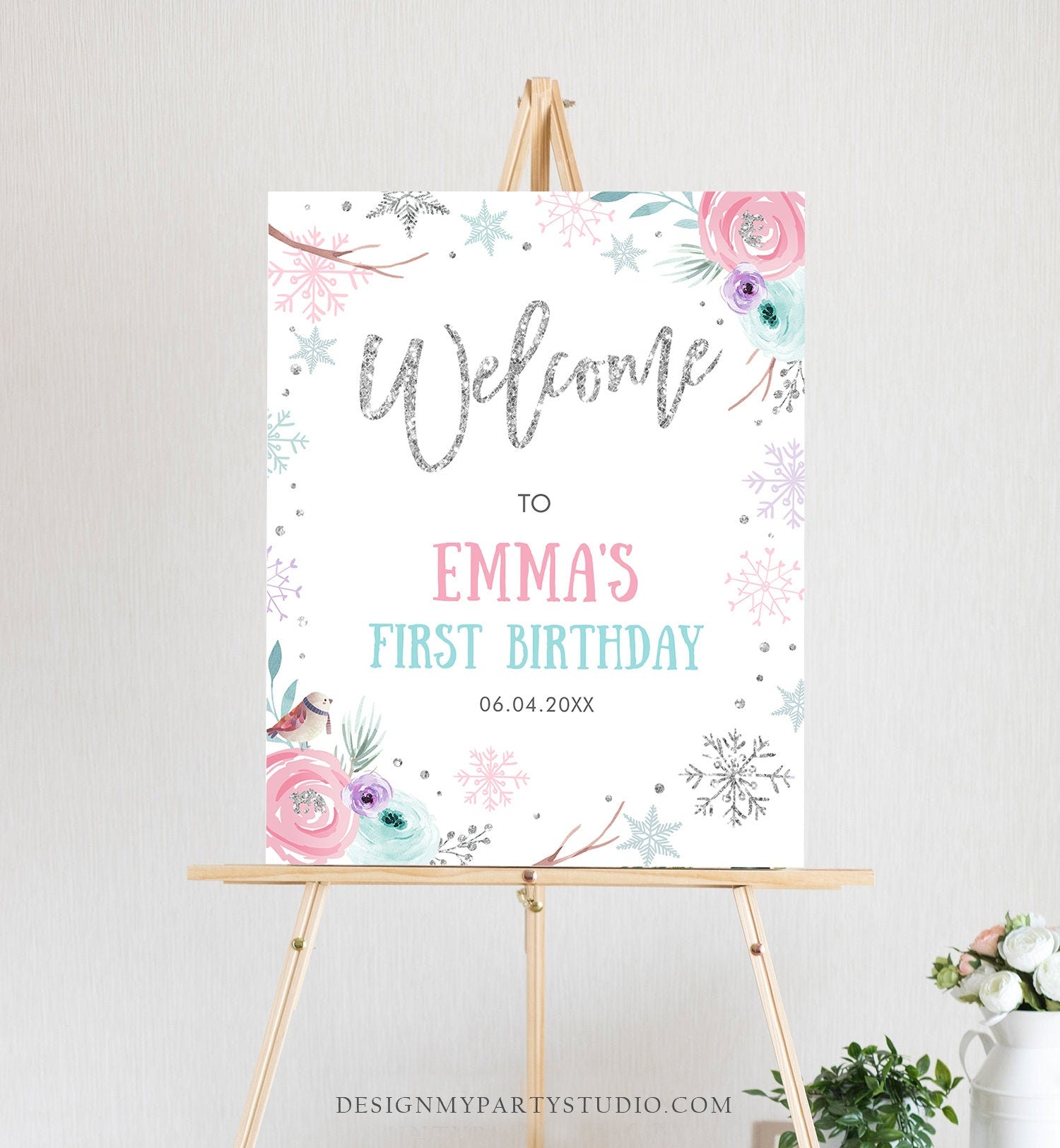 Editable Winter Onederland Welcome Sign First Birthday Girl Pink Silver Little Snowflake Floral Wonderland Corjl Template Printable 0256