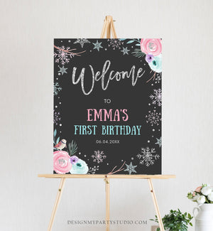 Editable Winter Onederland Welcome Sign First Birthday Girl Pink Silver Little Snowflake Floral Wonderland Corjl Template Printable 0256