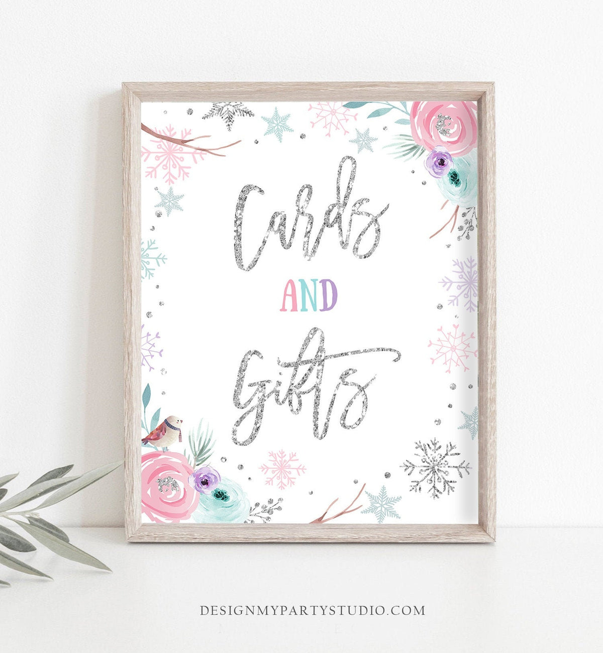 Cards and Gifts Sign Winter Wonderland Onederland First Birthday Decor Girl Teal Pink Silver Snowflakes Floral Download Printable 0256