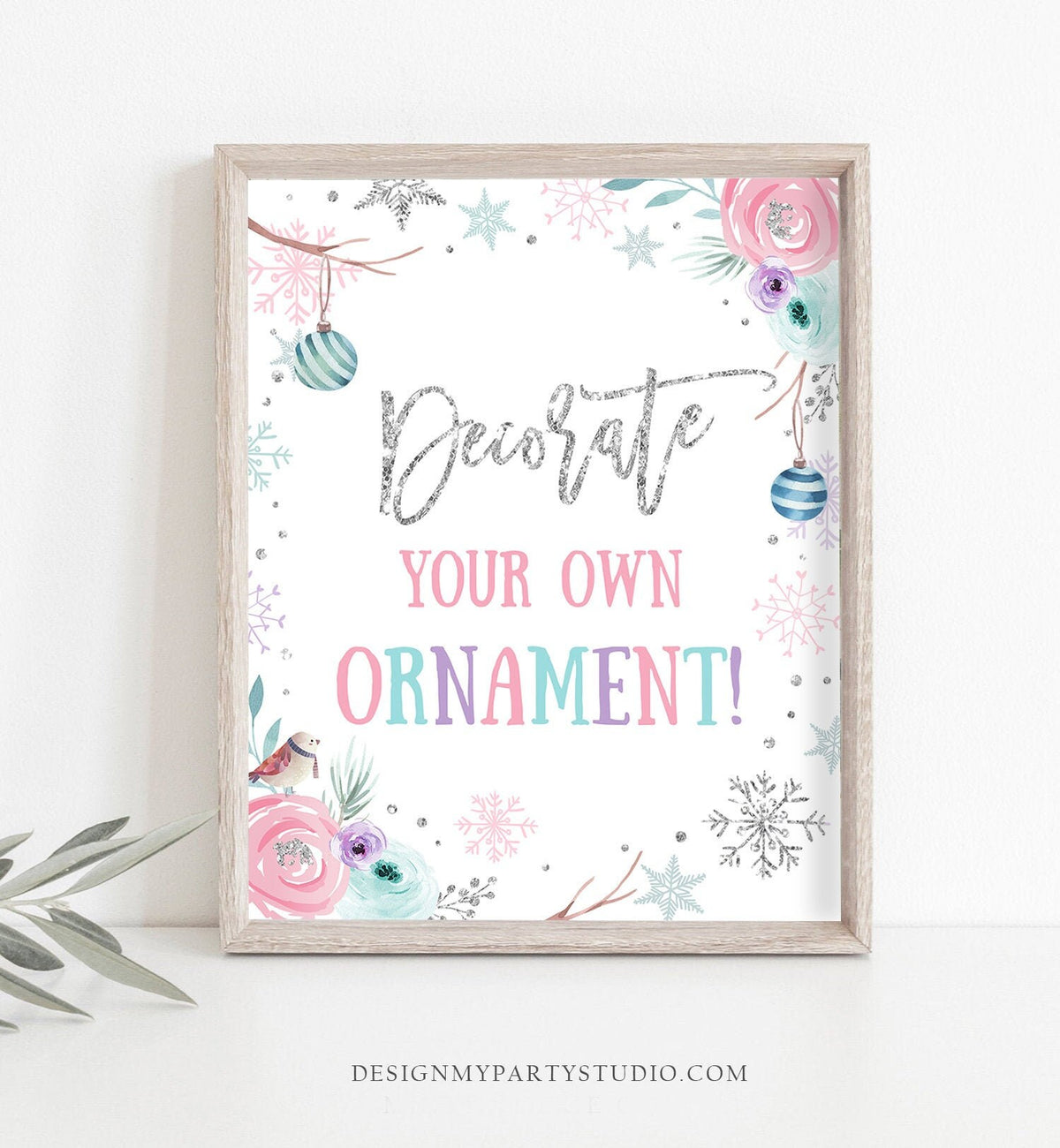 Decorate Your Own Ornament Sign Winter Wonderland Onederland Birthday Decor Girl Teal Pink Silver Snowflakes Floral Download Printable 0256