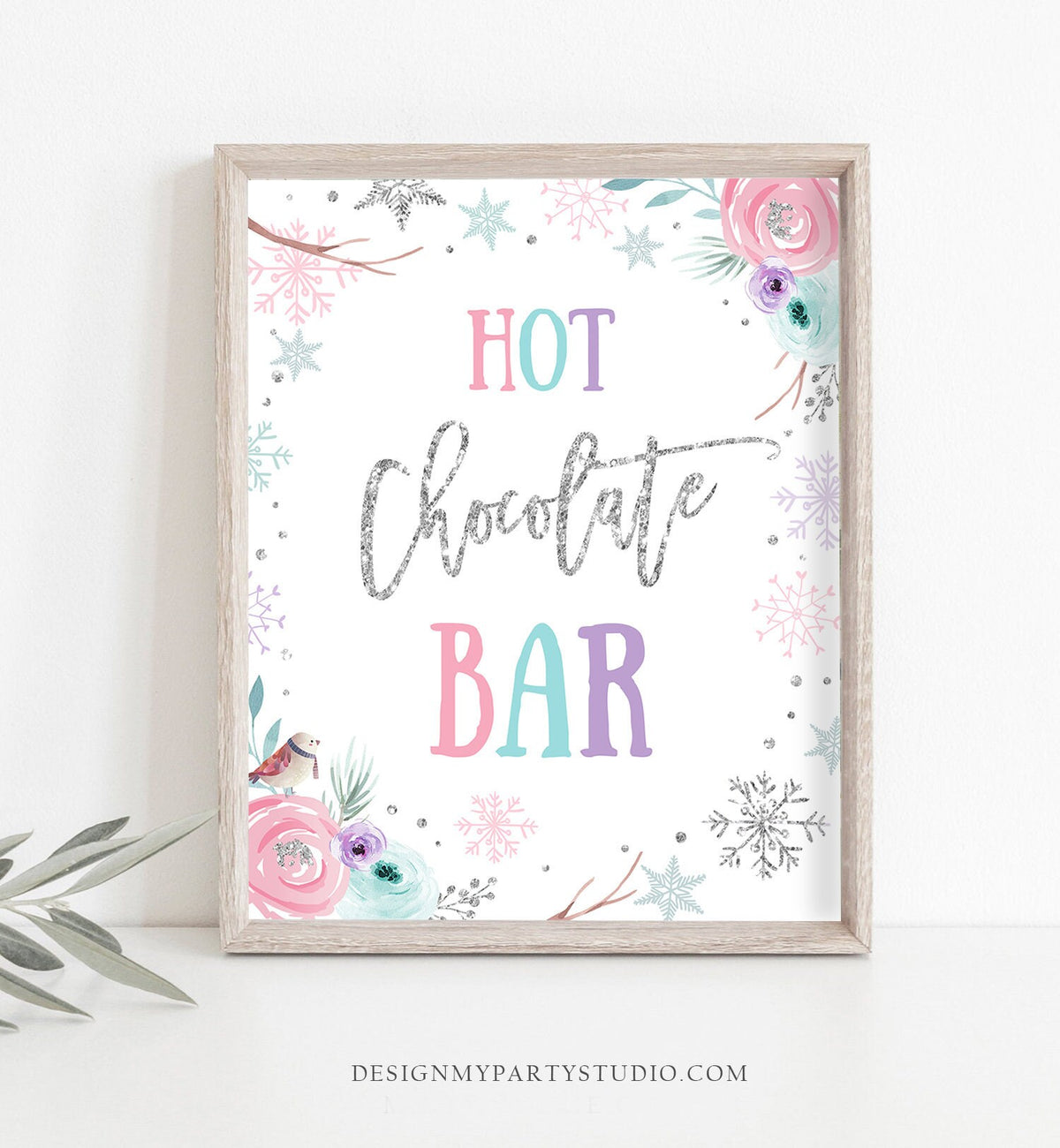 Hot Chocolate Bar Sign Winter Wonderland Onederland Birthday Decor Drinks Table Girl Pink Silver Snowflakes Floral Download Printable 0256