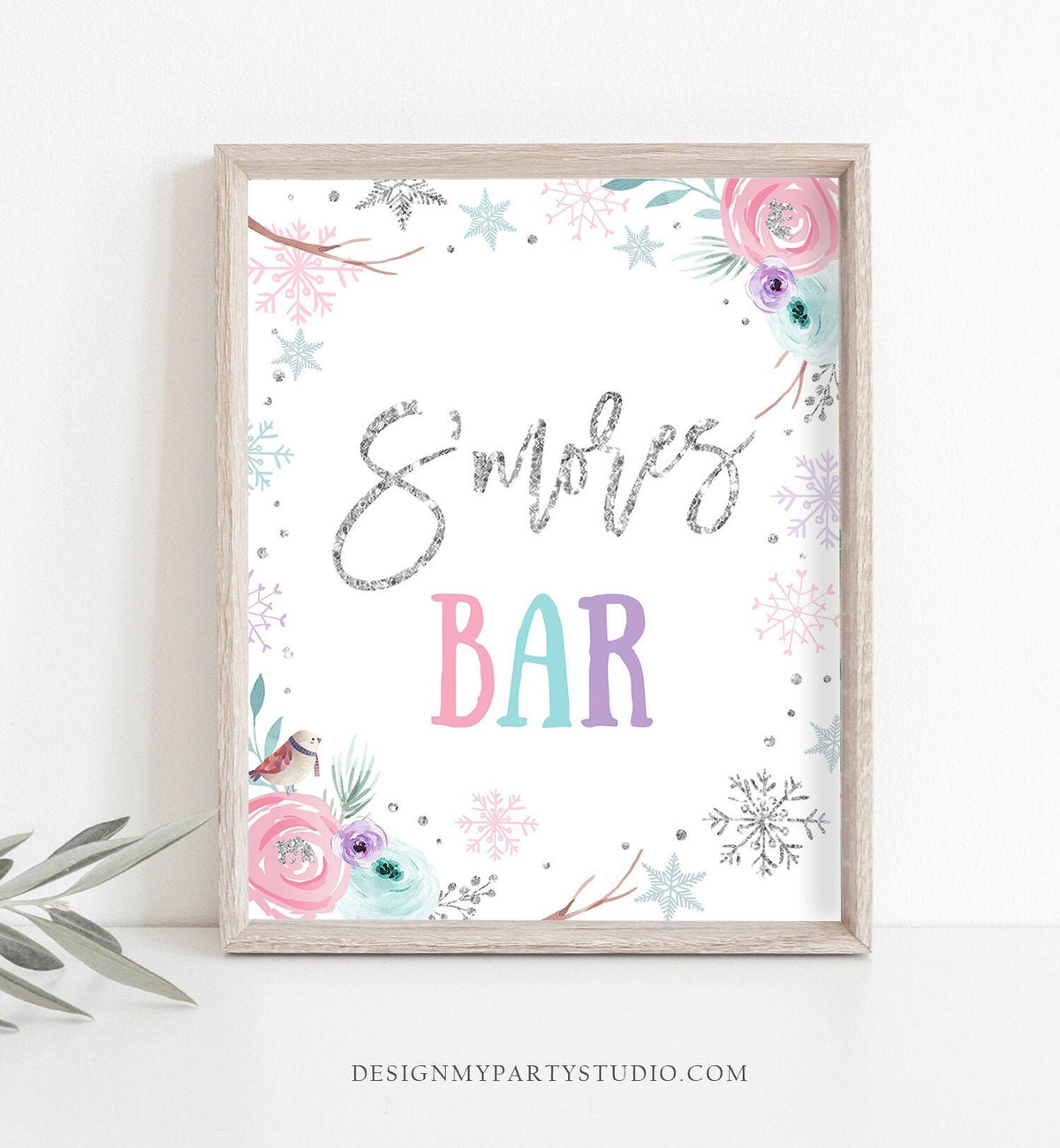 Smores Bar Sign Winter Wonderland Onederland Birthday Decor Sweet Food Table Girl Pink Silver Snowflakes Floral Download Printable 0256