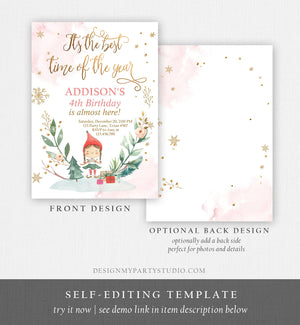 Editable Christmas Birthday Party Invitation Elf Birthday Invite Winter Best Time of The Year Girl Pink Gold Printable Template DIY 0353