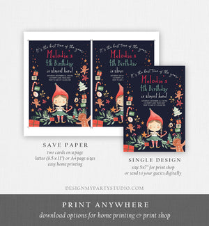 Editable Christmas Birthday Party Invitation Elf Birthday Invite Winter Best Time of The Year Girl Pink Gold Printable Template DIY 0358