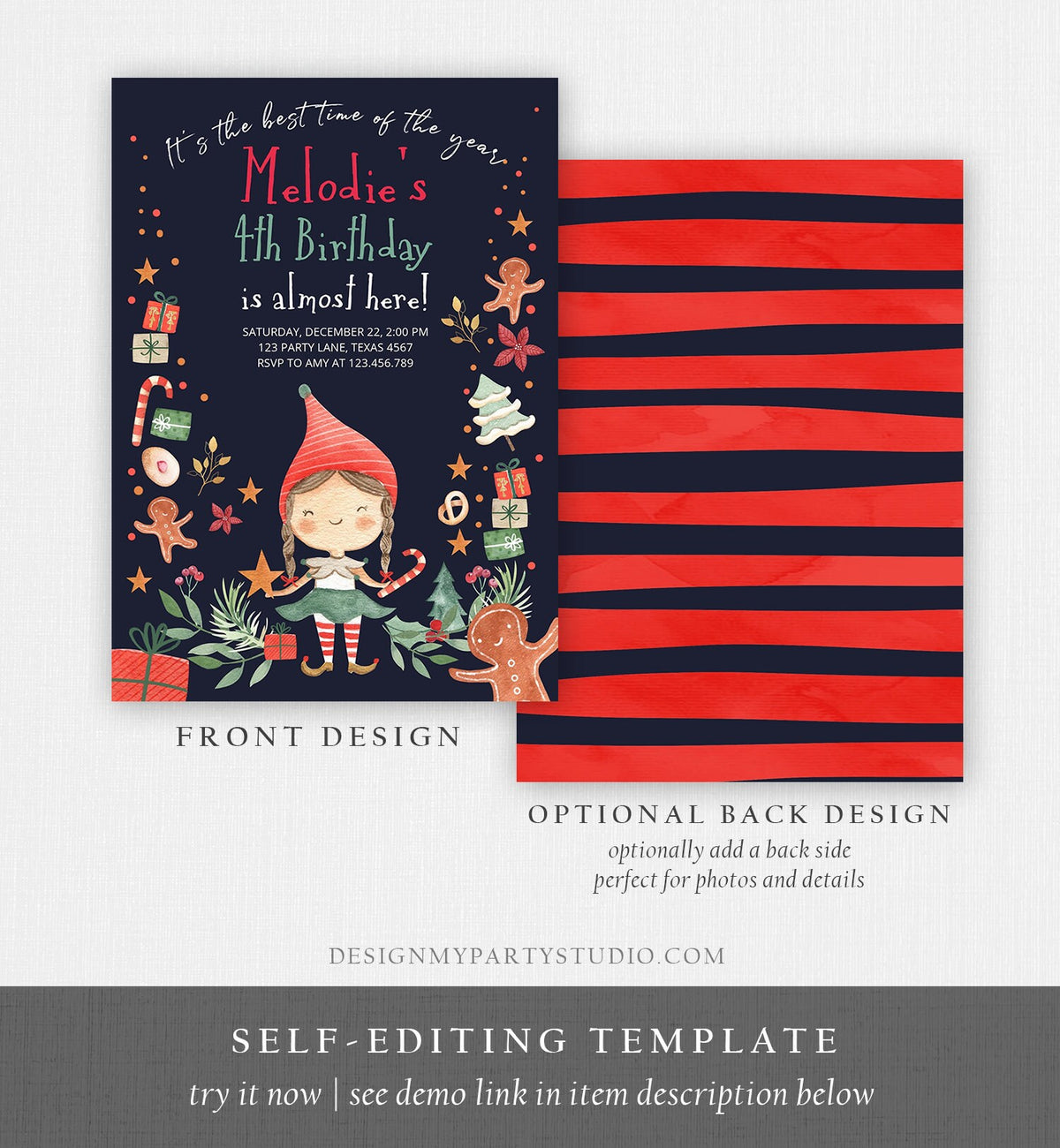 Editable Christmas Birthday Party Invitation Elf Birthday Invite Winter Best Time of The Year Girl Pink Gold Printable Template DIY 0358
