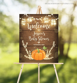 Editable Pumpkin Baby Shower Welcome Sign Rustic Wood Baby Shower Couples Shower Fall Autumn Pumpkin Party Halloween Corjl Template 0015
