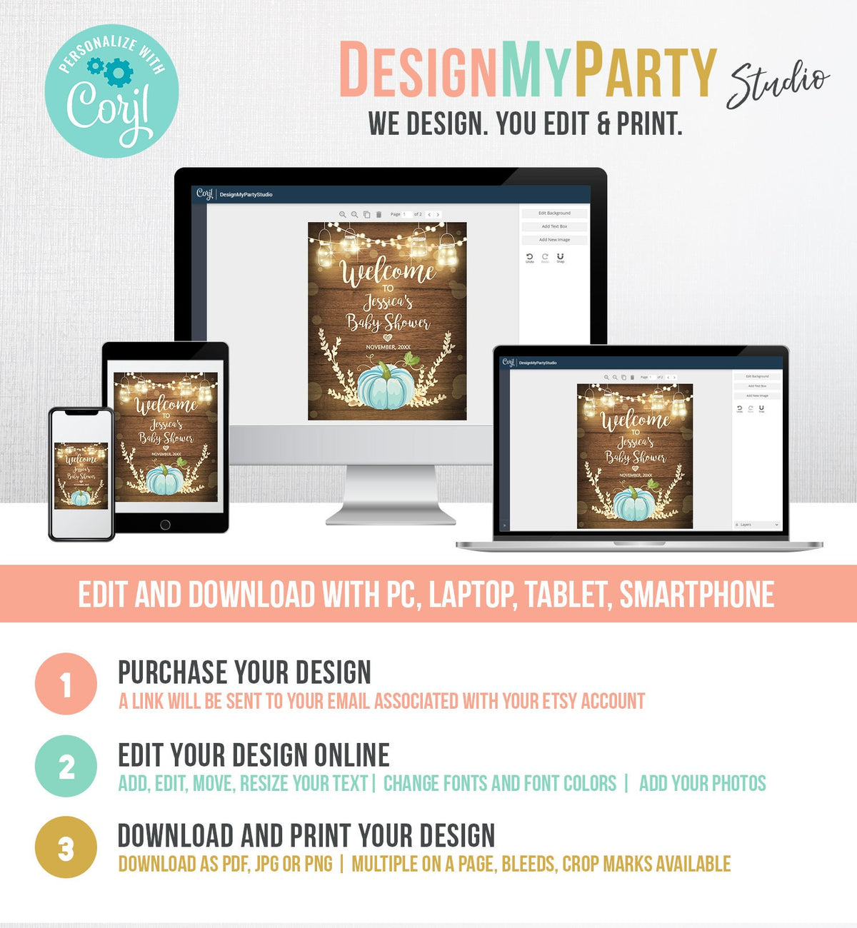 Editable Blue Pumpkin Baby Shower Welcome Sign Rustic Wood Boy Birthday Couples Shower Fall Autumn Pumpkin Party Corjl Template 0015